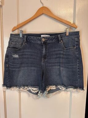 Lane Bryant Blue Denim Shorts with Lace Trim and Distressed Details